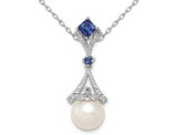 3/10 Carat (ctw) Lab Created Blue Sapphire and 8mm Freshwater Cultured Pearl Pendant Necklace in Sterling Silver with Chain